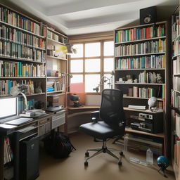 A well-lit study room design with bookshelves, a comfortable chair and a desk populated with study materials. One corner of the room is converted into a Youtube studio with recording equipment, a backdrop, and professional lighting.