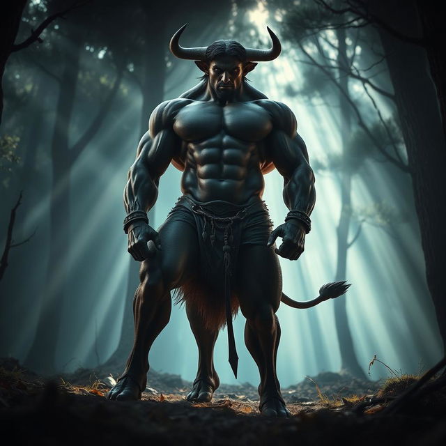 A cinematic photograph featuring a muscular humanoid character with the lower body of a bull, exuding strength and dominance