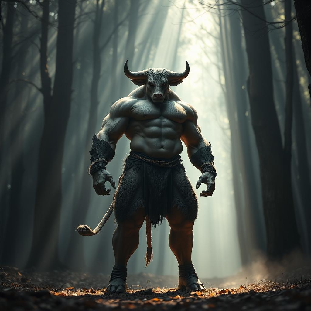 A cinematic photograph featuring a muscular humanoid character with the lower body of a bull, exuding strength and dominance