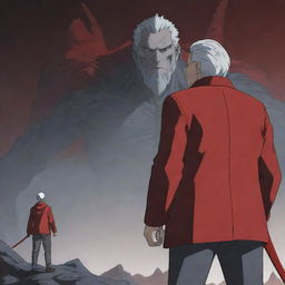 An anime-style illustration of an older man with gray hair, seen from the back, holding a red sword. He's wearing a dark red jacket, and he's looking at a humanoid king of monsters. The background is a fitting scene for an anime.