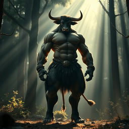 A cinematic photograph featuring a muscular humanoid character with the lower body of a bull, exuding strength and dominance