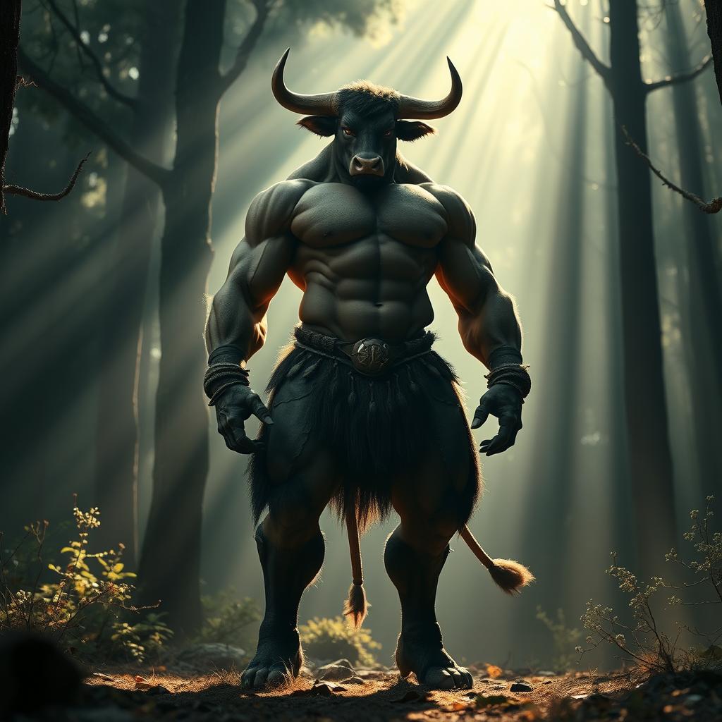 A cinematic photograph featuring a muscular humanoid character with the lower body of a bull, exuding strength and dominance