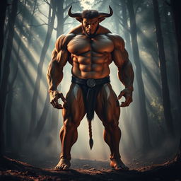 A cinematic photograph featuring a muscular humanoid character with the lower body of a bull, exuding strength and dominance