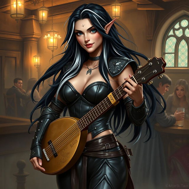 A full-body portrait of Adzira, a mature half-elf bard around 30 years old, with long, flowing black hair featuring striking white streaks