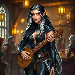 A full-body portrait of Adzira, a mature half-elf bard around 30 years old, with long, flowing black hair featuring striking white streaks