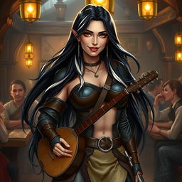 A full-body portrait of Adzira, a mature half-elf bard around 30 years old, with long, flowing black hair featuring striking white streaks