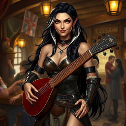 A full-body portrait of Adzira, a mature half-elf bard around 30 years old, with long, flowing black hair featuring striking white streaks