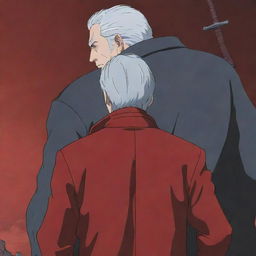 An anime-style illustration of an older man with gray hair, seen from the back, holding a red sword. He's wearing a dark red jacket, and he's looking at a humanoid king of monsters. The background is a fitting scene for an anime.