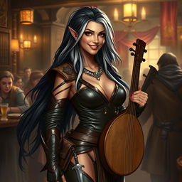 A full-body portrait of Adzira, a mature half-elf bard around 30 years old, with long, flowing black hair featuring striking white streaks