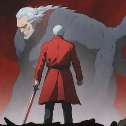 An anime-style illustration of an older man with gray hair, seen from the back, holding a red sword. He's wearing a dark red jacket, and he's looking at a humanoid king of monsters. The background is a fitting scene for an anime.