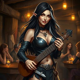 A full-body portrait of Adzira, a mature half-elf bard around 30 years old, with long, flowing black hair featuring striking white streaks