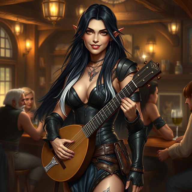 A full-body portrait of Adzira, a mature half-elf bard around 30 years old, with long, flowing black hair featuring striking white streaks