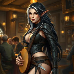 A full-body portrait of Adzira, a mature half-elf bard around 30 years old, with long, flowing black hair featuring striking white streaks