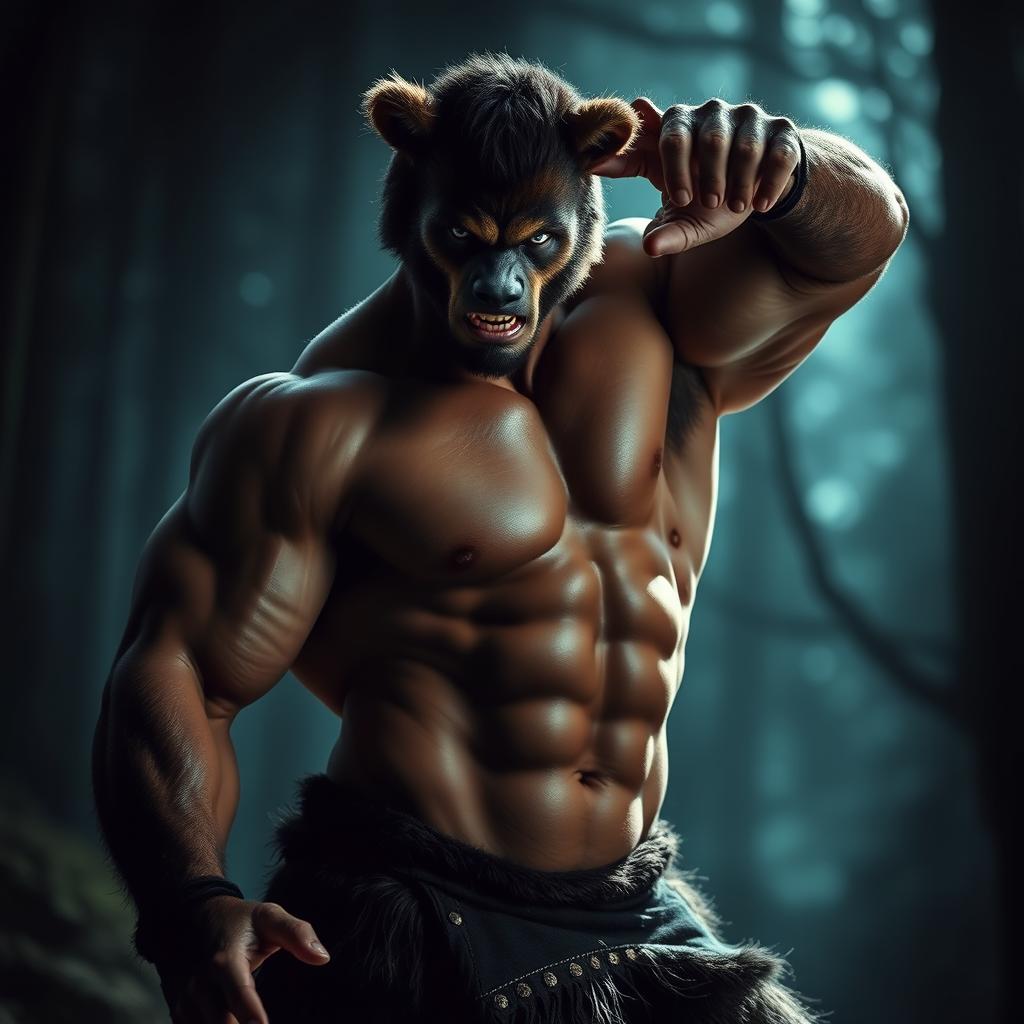 A muscular half-human, half-bear creature posed dramatically in a cinematic style, showcasing intricate details of his powerful physique and bear-like features