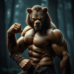 A muscular half-human, half-bear creature posed dramatically in a cinematic style, showcasing intricate details of his powerful physique and bear-like features