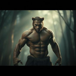 A muscular half-human, half-bear creature posed dramatically in a cinematic style, showcasing intricate details of his powerful physique and bear-like features