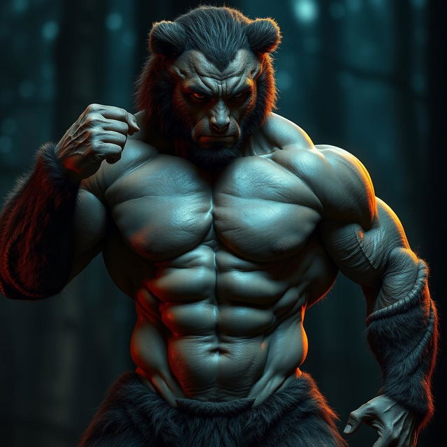 A muscular half-human, half-bear creature posed dramatically in a cinematic style, showcasing intricate details of his powerful physique and bear-like features