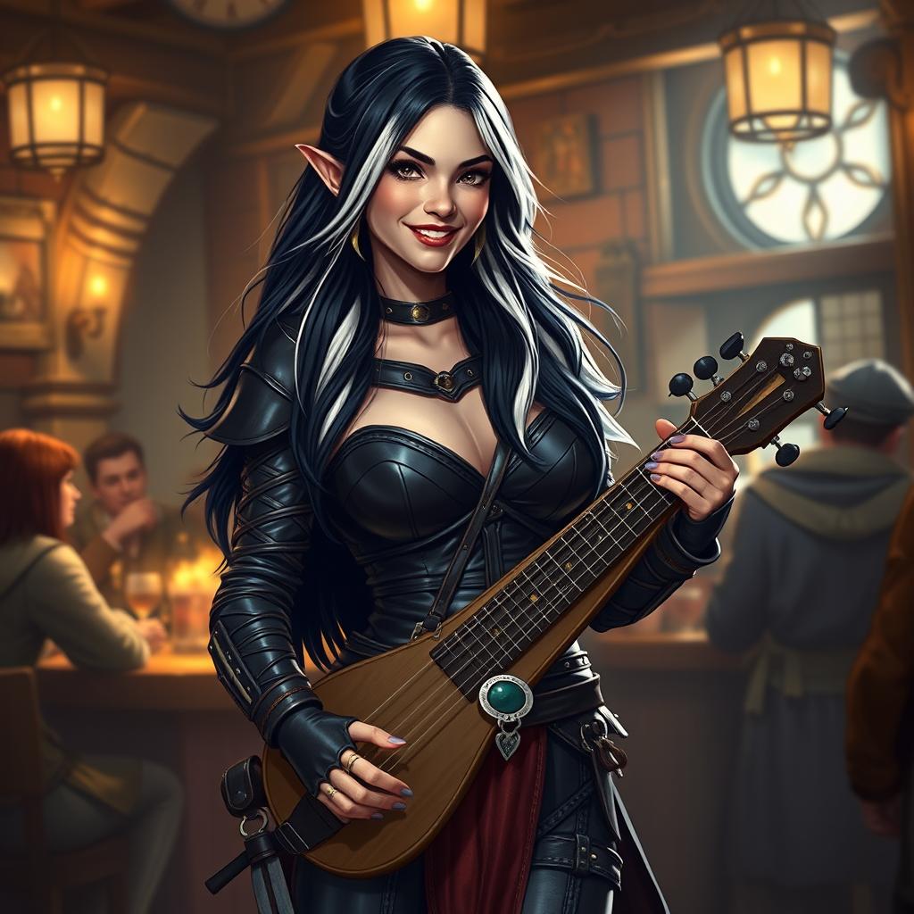 A full-body portrait of Adzira, a mature half-elf bard around 30 years old, with long, flowing black hair featuring striking white streaks