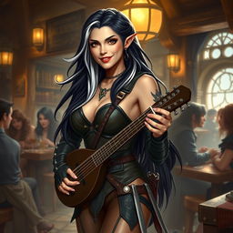 A full-body portrait of Adzira, a mature half-elf bard around 30 years old, with long, flowing black hair featuring striking white streaks