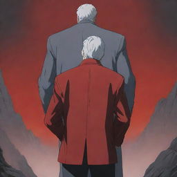 An anime-style illustration of an older man with gray hair, seen from the back, holding a red sword. He's wearing a dark red jacket, and he's looking at a humanoid king of monsters. The background is a fitting scene for an anime.