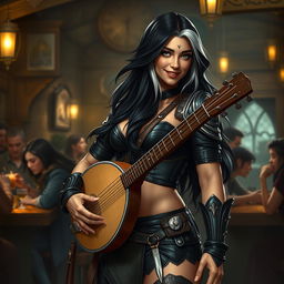 A full-body portrait of Adzira, a mature half-elf bard around 30 years old, with long, flowing black hair featuring striking white streaks