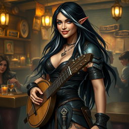 A full-body portrait of Adzira, a mature half-elf bard around 30 years old, with long, flowing black hair featuring striking white streaks