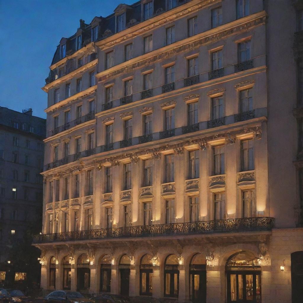 A grand, luxurious hotel in an urban setting at twilight, with lights sparkling in the windows demonstrative of lively activity within.