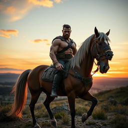 A cinematic photograph showcasing a muscular, heroic human soldier with distinct features, blending human and centaur traits, combining the upper body of a strong soldier with the lower body of a majestic horse