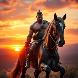 A cinematic photograph showcasing a muscular, heroic human soldier with distinct features, blending human and centaur traits, combining the upper body of a strong soldier with the lower body of a majestic horse