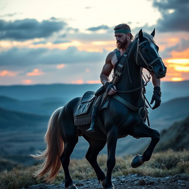 A cinematic photograph showcasing a muscular, heroic human soldier with distinct features, blending human and centaur traits, combining the upper body of a strong soldier with the lower body of a majestic horse