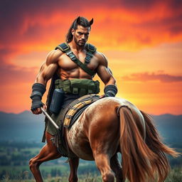 A cinematic photograph showcasing a muscular, heroic human soldier with distinct features, blending human and centaur traits, combining the upper body of a strong soldier with the lower body of a majestic horse