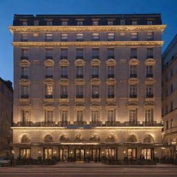 A grand, luxurious hotel in an urban setting at twilight, with lights sparkling in the windows demonstrative of lively activity within.