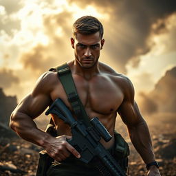 A cinematic photograph of a muscular, handsome male soldier with a heroic pose, wielding a weapon in a dramatic battlefield setting