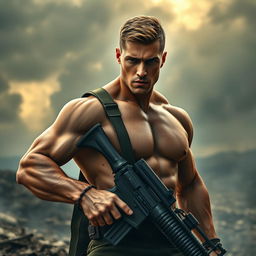 A cinematic photograph of a muscular, handsome male soldier with a heroic pose, wielding a weapon in a dramatic battlefield setting