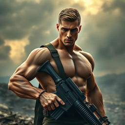 A cinematic photograph of a muscular, handsome male soldier with a heroic pose, wielding a weapon in a dramatic battlefield setting