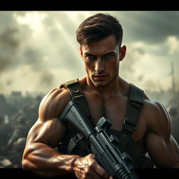 A cinematic photograph of a muscular, handsome male soldier with a heroic pose, wielding a weapon in a dramatic battlefield setting