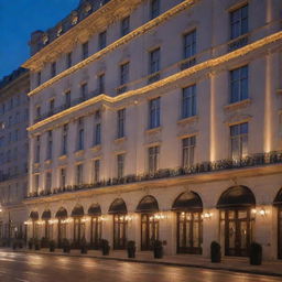 A grand, luxurious hotel in an urban setting at twilight, with lights sparkling in the windows demonstrative of lively activity within.