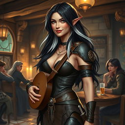 A full-body portrait of Adzira, a mature half-elf bard around 30 years old, with long, flowing black hair featuring striking white streaks