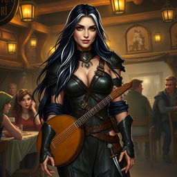 A full-body portrait of Adzira, a mature half-elf bard around 30 years old, with long, flowing black hair featuring striking white streaks