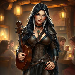 A full-body portrait of Adzira, a mature half-elf bard around 30 years old, with long, flowing black hair featuring striking white streaks