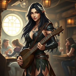 A full-body portrait of Adzira, a mature half-elf bard around 30 years old, with long, flowing black hair featuring striking white streaks