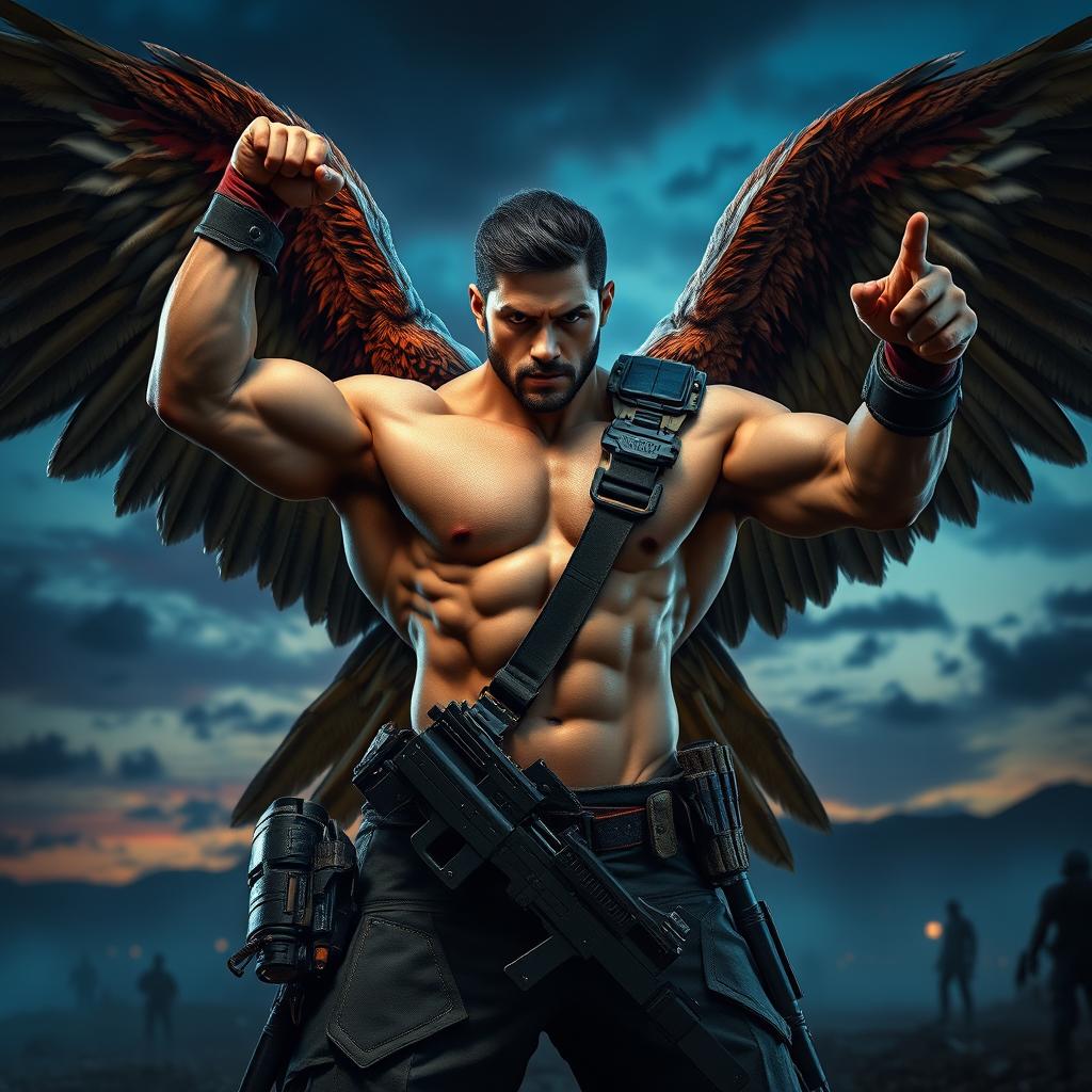 A powerful soldier who is half human and half eagle, striking a dynamic pose in a cinematic setting