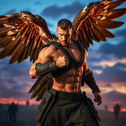 A powerful soldier who is half human and half eagle, striking a dynamic pose in a cinematic setting