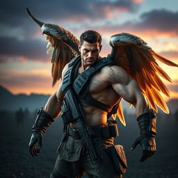 A powerful soldier who is half human and half eagle, striking a dynamic pose in a cinematic setting