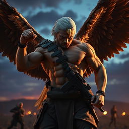 A powerful soldier who is half human and half eagle, striking a dynamic pose in a cinematic setting