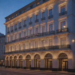 A grand, luxurious hotel in an urban setting at twilight, with lights sparkling in the windows demonstrative of lively activity within.