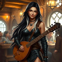 A full-body portrait of Adzira, a mature half-elf bard around 30 years old, with long, flowing black hair featuring striking white streaks