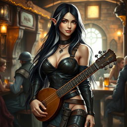 A full-body portrait of Adzira, a mature half-elf bard around 30 years old, with long, flowing black hair featuring striking white streaks