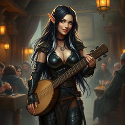 A full-body portrait of Adzira, a mature half-elf bard around 30 years old, with long, flowing black hair featuring striking white streaks