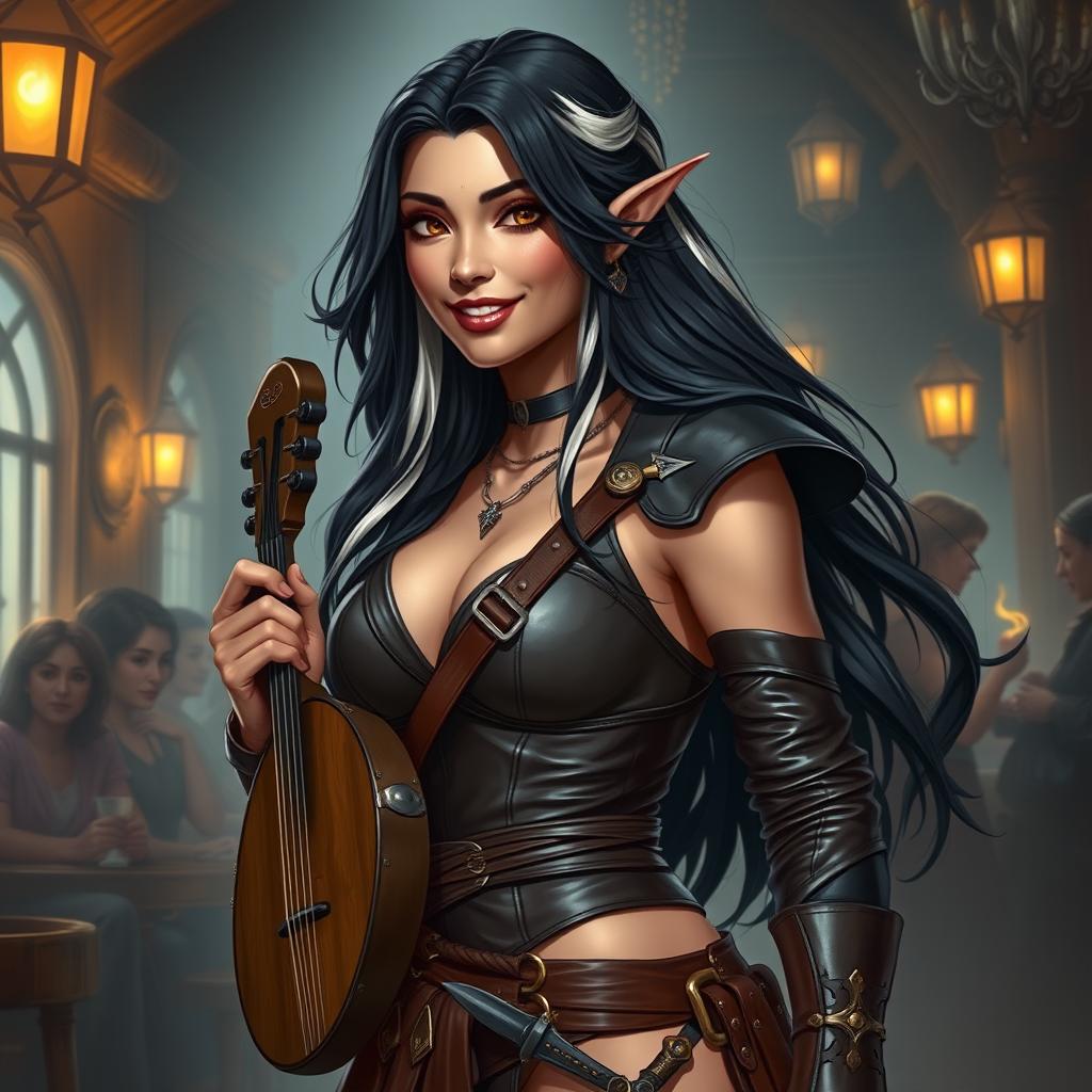 A full-body portrait of Adzira, a mature half-elf bard around 30 years old, with long, flowing black hair featuring striking white streaks